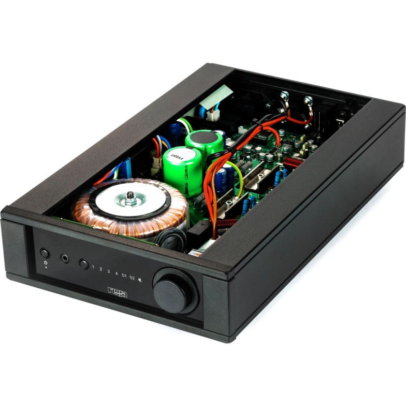 Rega Brio Mk7 abierto en perspectiva, con la electrónica y la fuente de alimentación a la vista