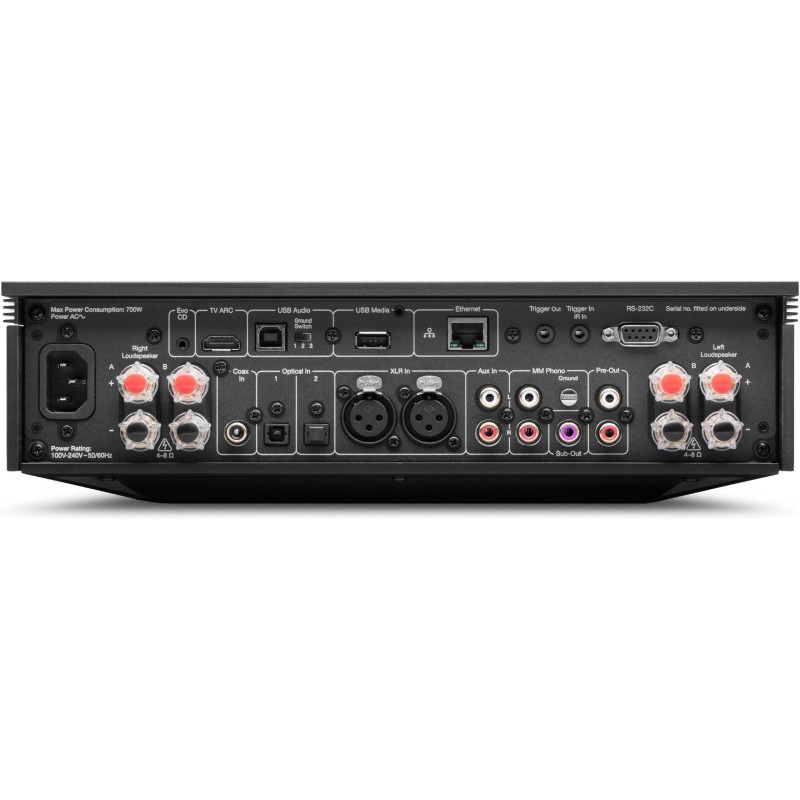 Cambridge Audio EVO 150 SE — panel trasero con entradas XLR, RCA, phono y HDMI ARC