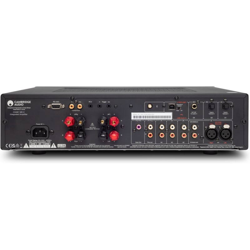 Cambridge Audio CXA81 MkII Lunar Gris — detalle trasero de conexiones y terminales