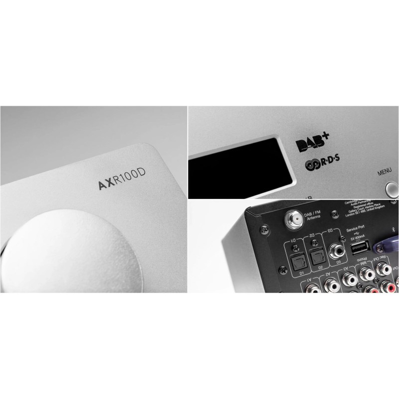 Cambridge Audio AXR100 Lunar Gris — detalle del lateral y la esquina del frontal