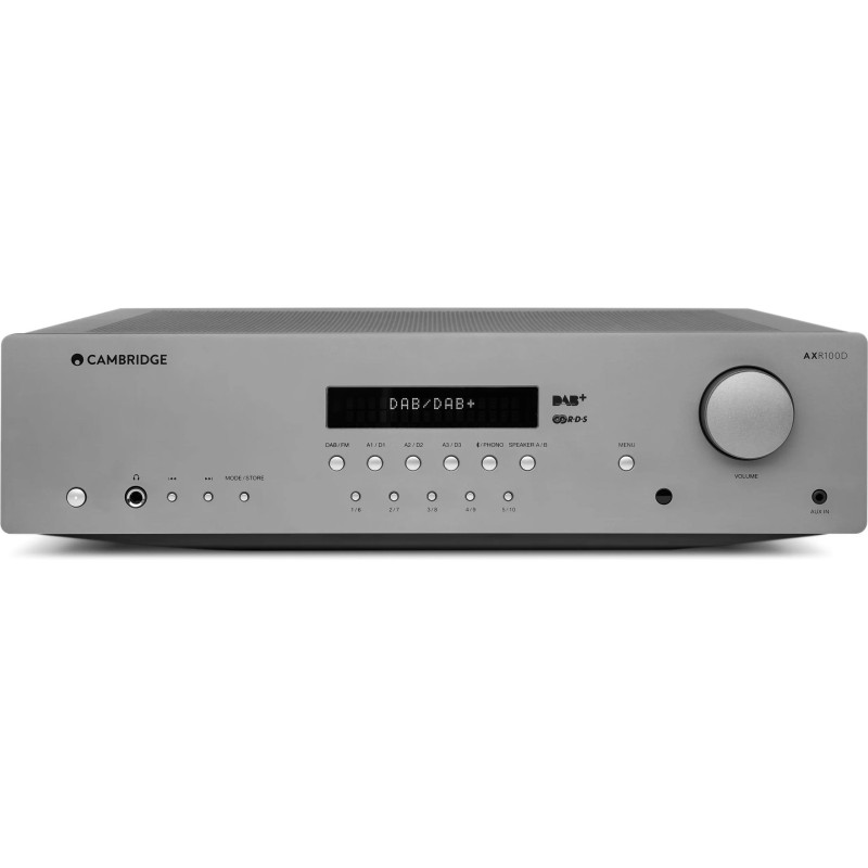 Cambridge Audio AXR100 Lunar Gris — receptor estéreo con sintonizador, vista frontal con el display | Stella AV