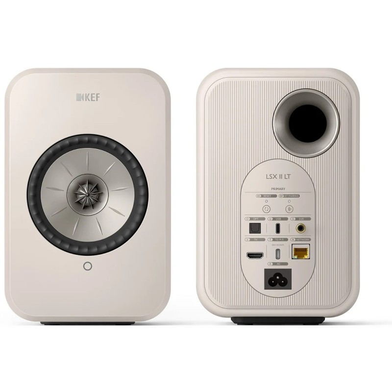 KEF LSX II LT Stone White — altavoz individual, vista trasera con conexiones