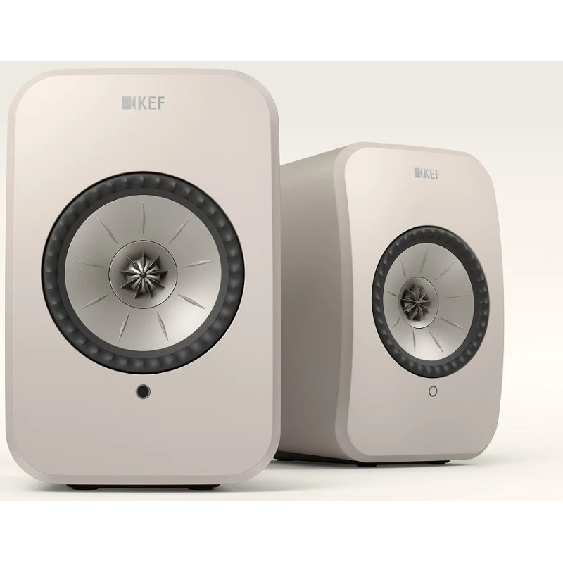 KEF LSX II LT Stone White — par de altavoces, vista en ángulo