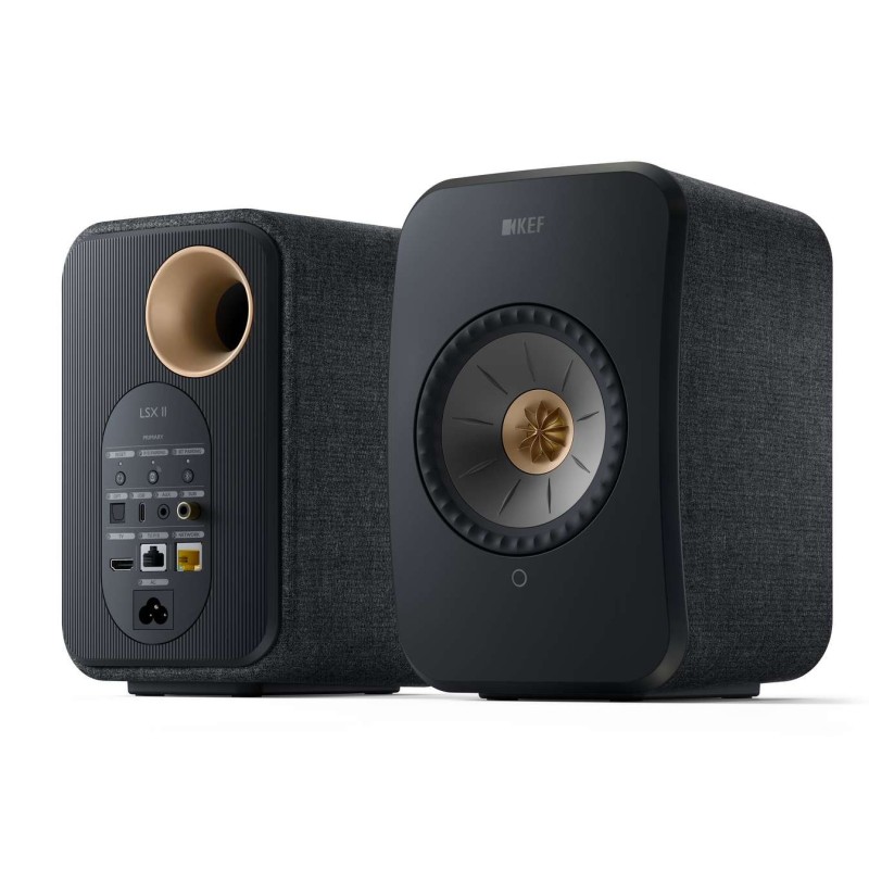 KEF LSX II Carbon Black — par de altavoces activos, vista en ángulo