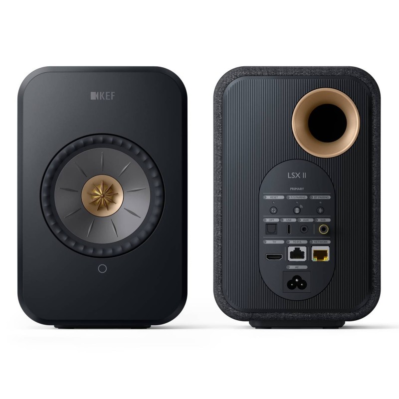 KEF LSX II Carbon Black — panel trasero con conexiones HDMI eARC, óptica, USB-C y Ethernet