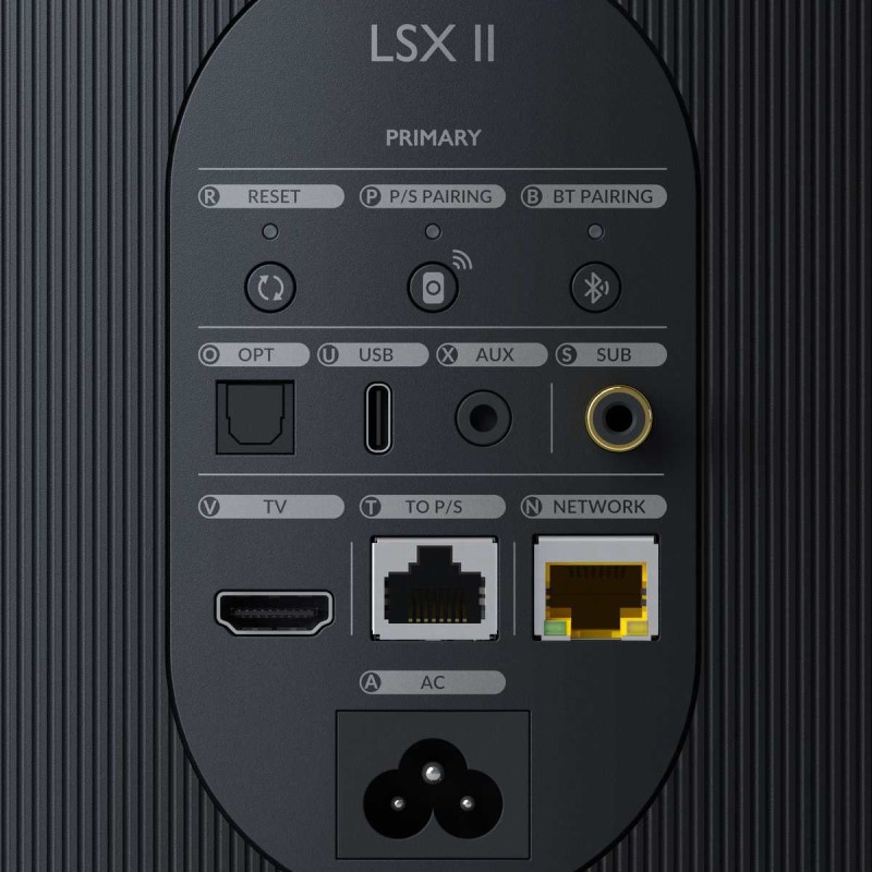 KEF LSX II Carbon Black — detalle de las conexiones traseras