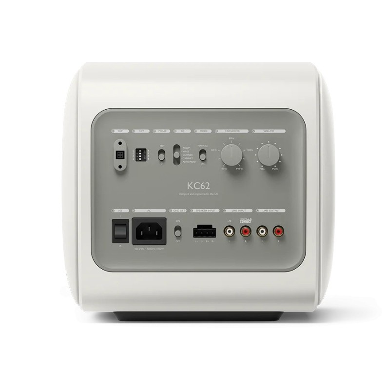 KEF KC62 Mineral White — panel trasero con entradas y ajustes