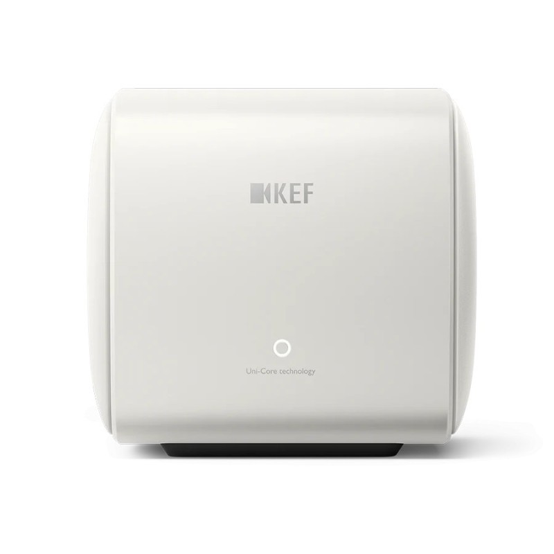KEF KC62 Mineral White — vista lateral con el logotipo