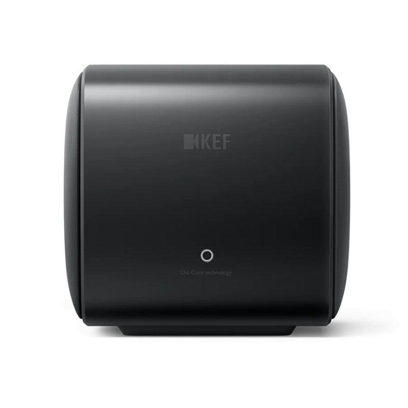KEF KC62 Carbon Black — vista lateral con el logotipo