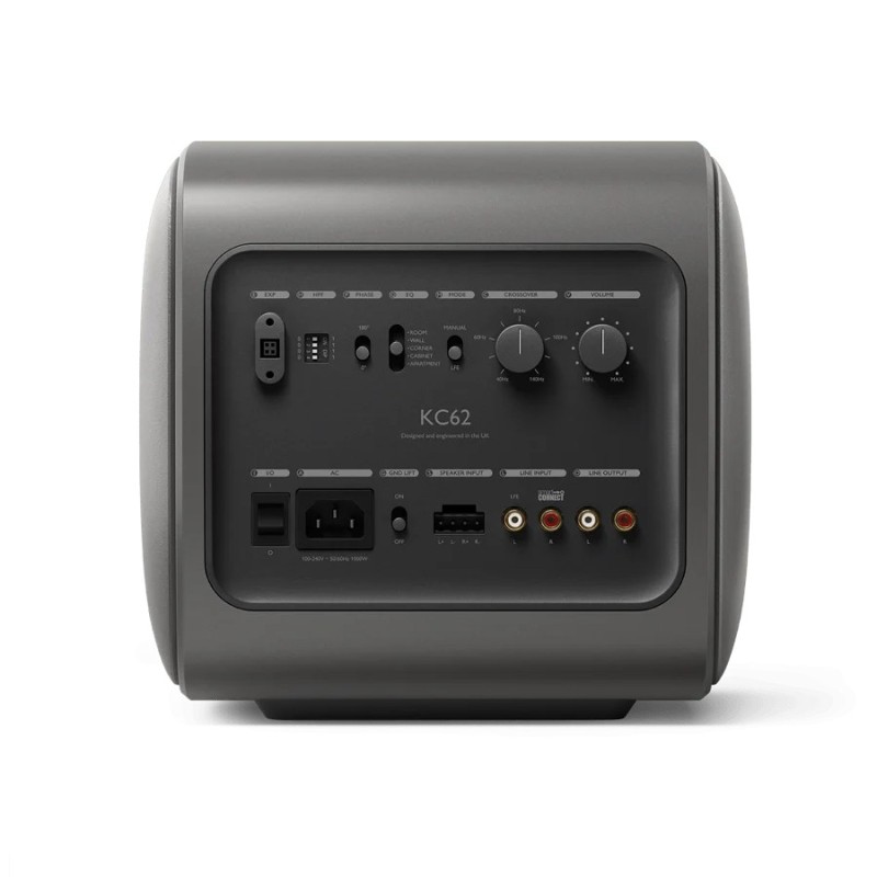 KEF KC62 Titanium — panel trasero con entradas y ajustes