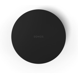 Sonos Bundle Beam Mini en negro, vista cenital de la tapa redonda del Sub Mini con el logotipo Sonos en el centro