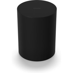 Sonos Bundle Beam Mini en negro, vista elevada del Sub Mini por el lado liso, sin ranura, con el logotipo Sonos en la tapa
