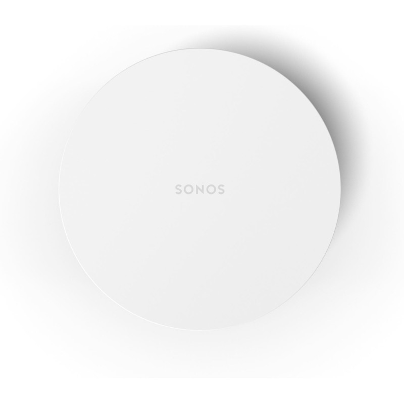 Sonos Bundle Beam Mini en blanco, vista cenital de la tapa redonda del Sub Mini con el logotipo Sonos en el centro