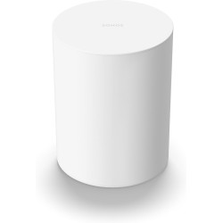 Sonos Bundle Beam Mini en blanco, vista elevada del Sub Mini por el lado liso, sin ranura, con el logotipo Sonos en la tapa