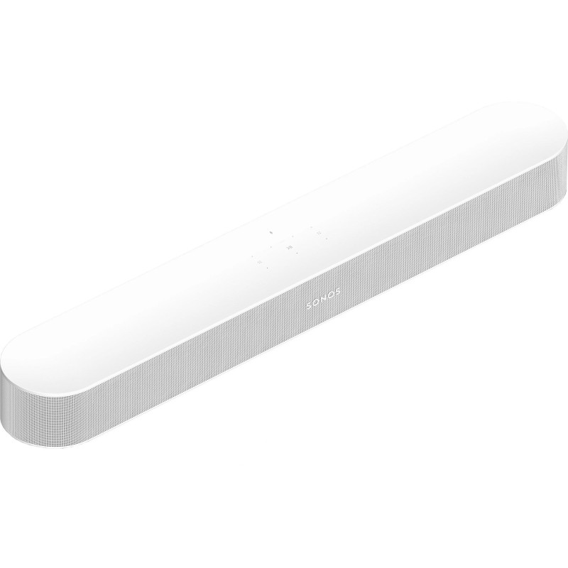 Sonos Bundle Beam Mini en blanco, vista elevada de tres cuartos de la Beam (Gen 2) con los controles táctiles de la tapa