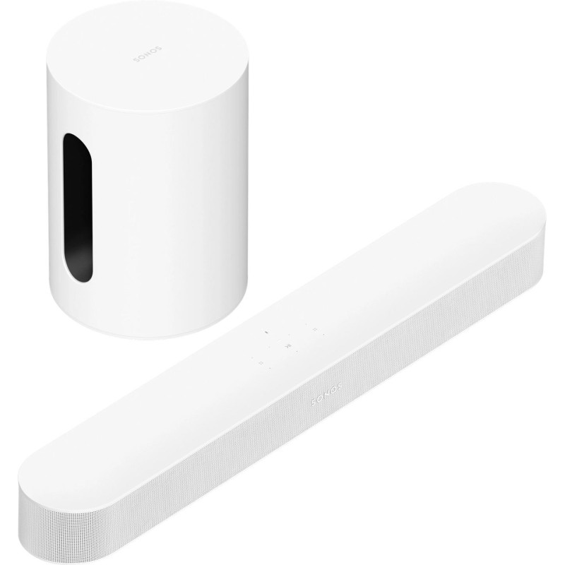 Sonos Bundle Beam Mini en blanco, la Beam (Gen 2) y el Sub Mini juntos, vistos de tres cuartos desde arriba
