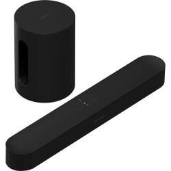 Sonos Bundle Beam Mini en negro, la Beam (Gen 2) y el Sub Mini juntos, vistos de tres cuartos desde arriba