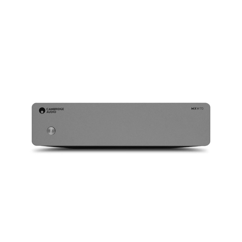 Cambridge Audio MXW70: frontal de aluminio en gris lunar con el botón de encendido