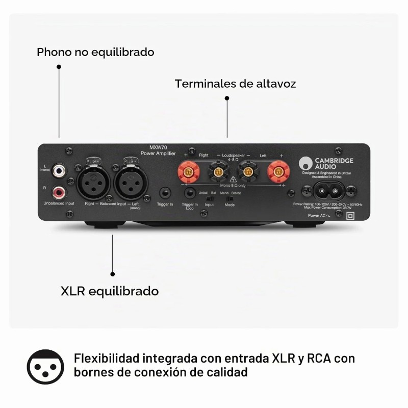 Panel trasero del MXW70: entradas XLR y RCA, bornes de altavoz y selector mono/estéreo