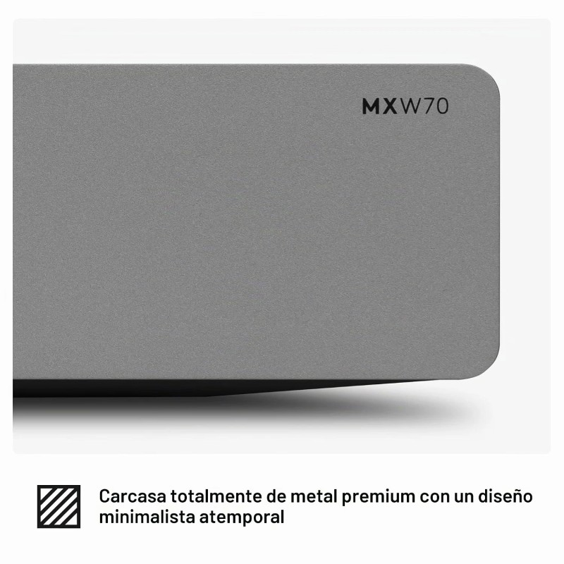 Primer plano de la carcasa metálica del MXW70 con el modelo grabado