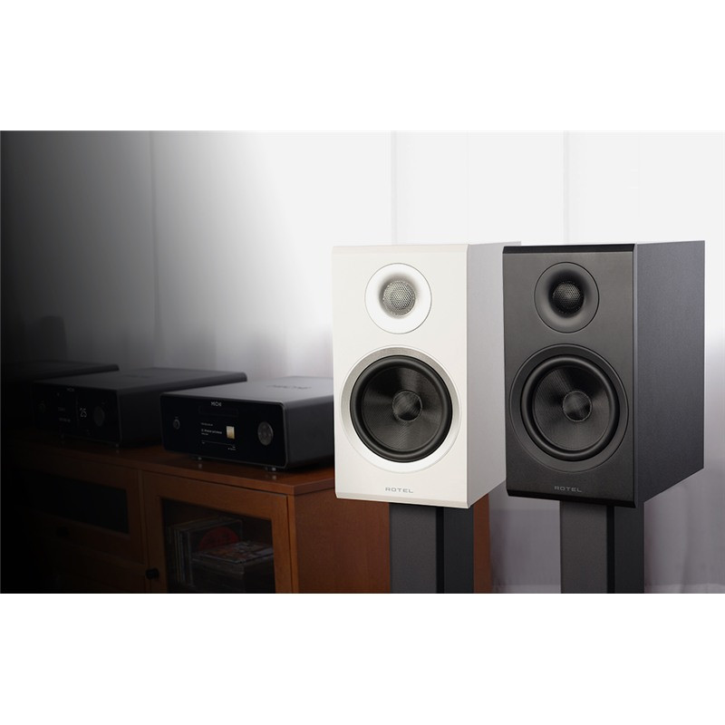 Rotel Amora 5, en negro y blanco sobre pies, con electrónica Michi