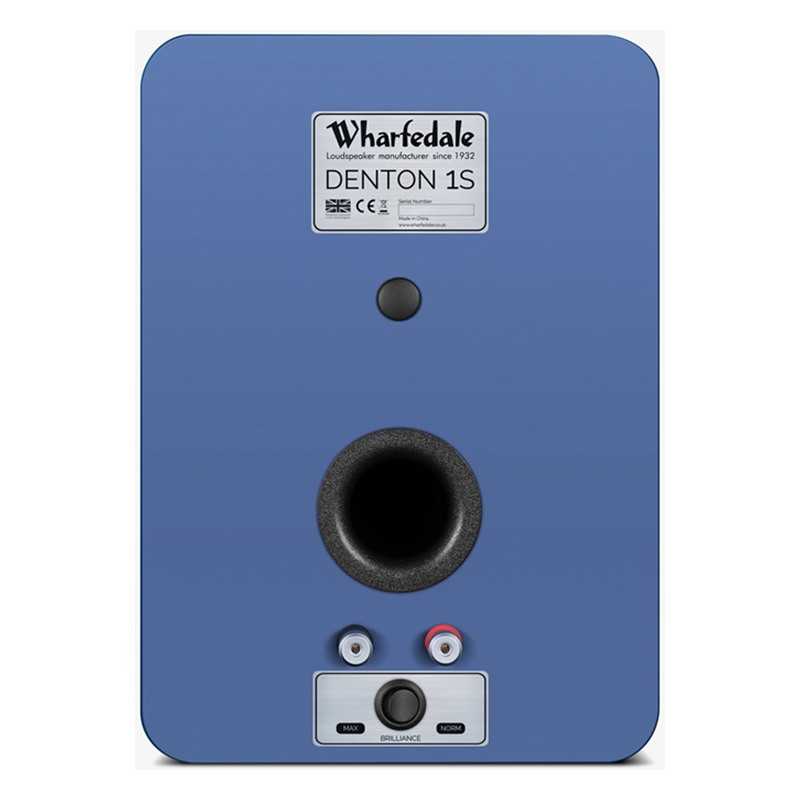 Wharfedale Denton 1S en azul, trasera con puerto, rosca de pared y terminales