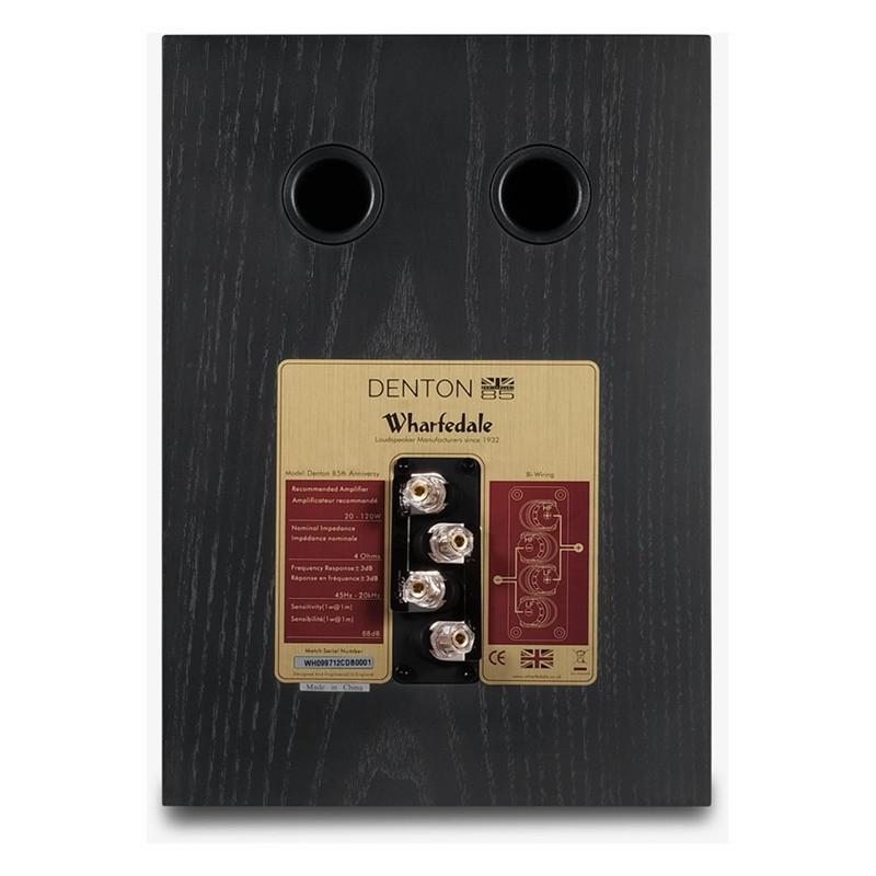 Wharfedale Denton 85th Anniversary en negro, trasera con puertos y terminales