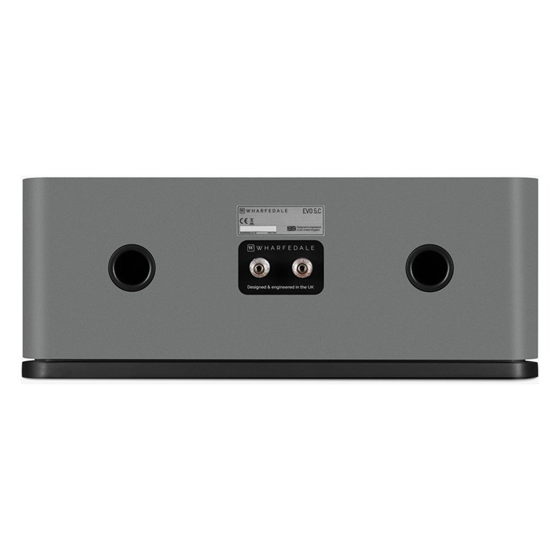 Wharfedale EVO 5.C, vista trasera con bornes y los dos puertos de graves