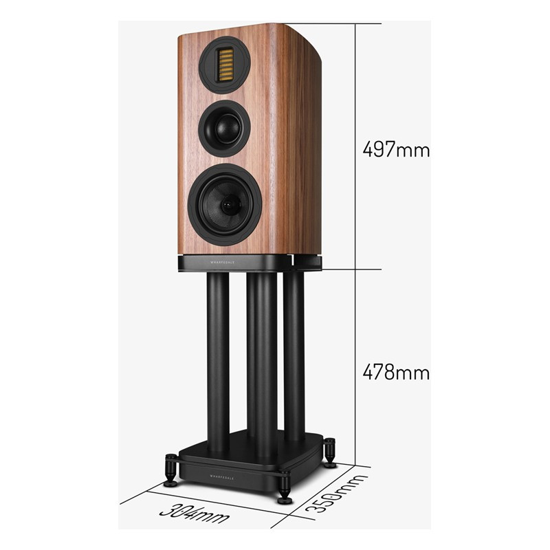 Wharfedale EVO 5.2 Stands con el altavoz encima y medidas (478 + 497 mm)