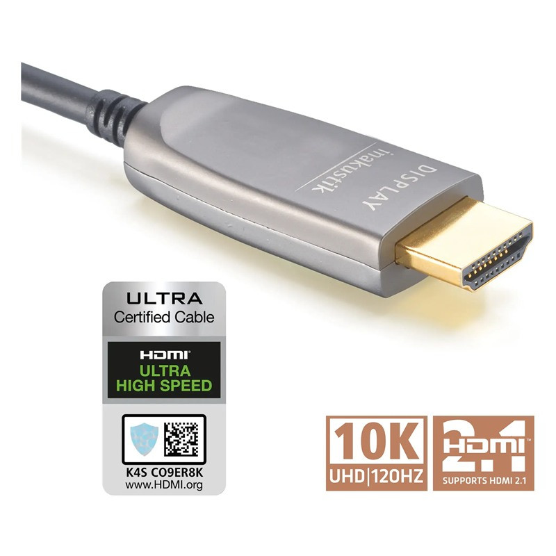 In-Akustik Profi HDMI 2.1 Fibra Óptica, conector metálico con etiqueta de certificación Ultra High Speed