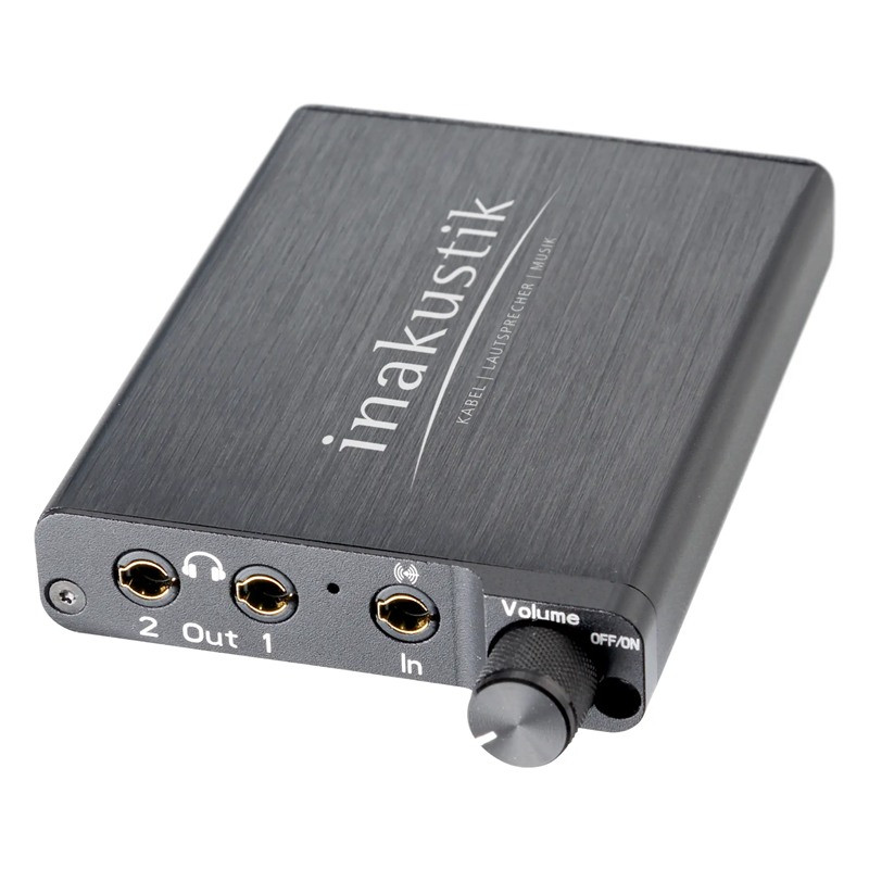 In-Akustik Premium Headphone Amp No. 1, frontal con las dos salidas de auriculares, la entrada y el volumen