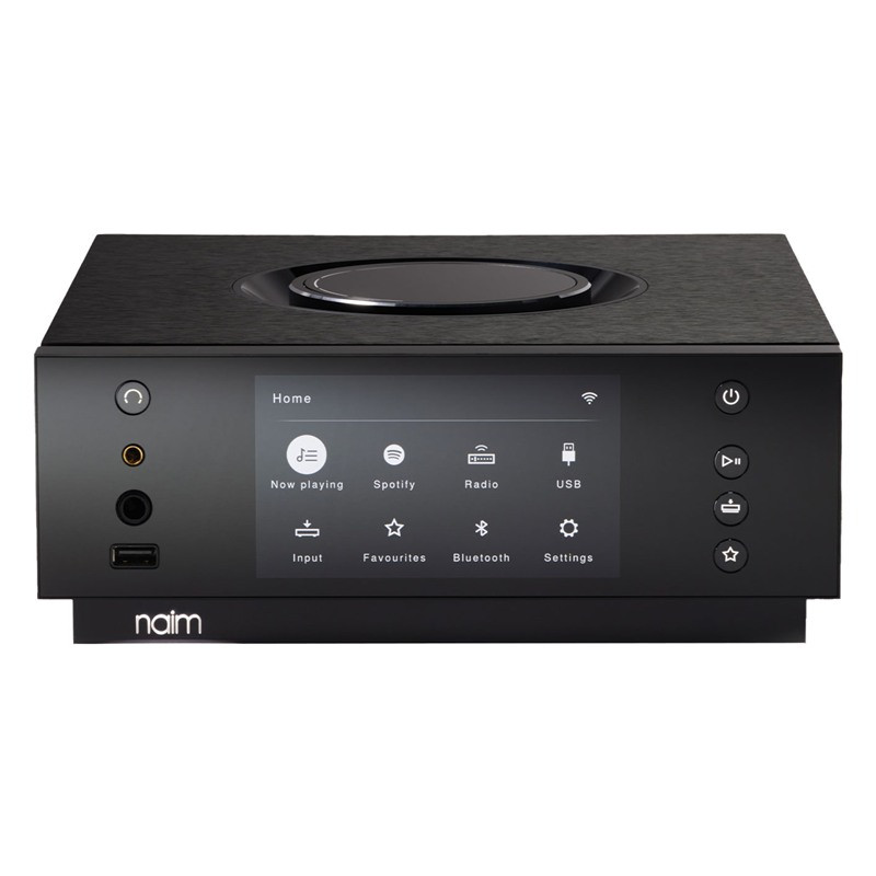 Naim Uniti Atom Headphone Edition de frente, con las salidas de auriculares de 4,4 mm y 6,35 mm junto a la pantalla
