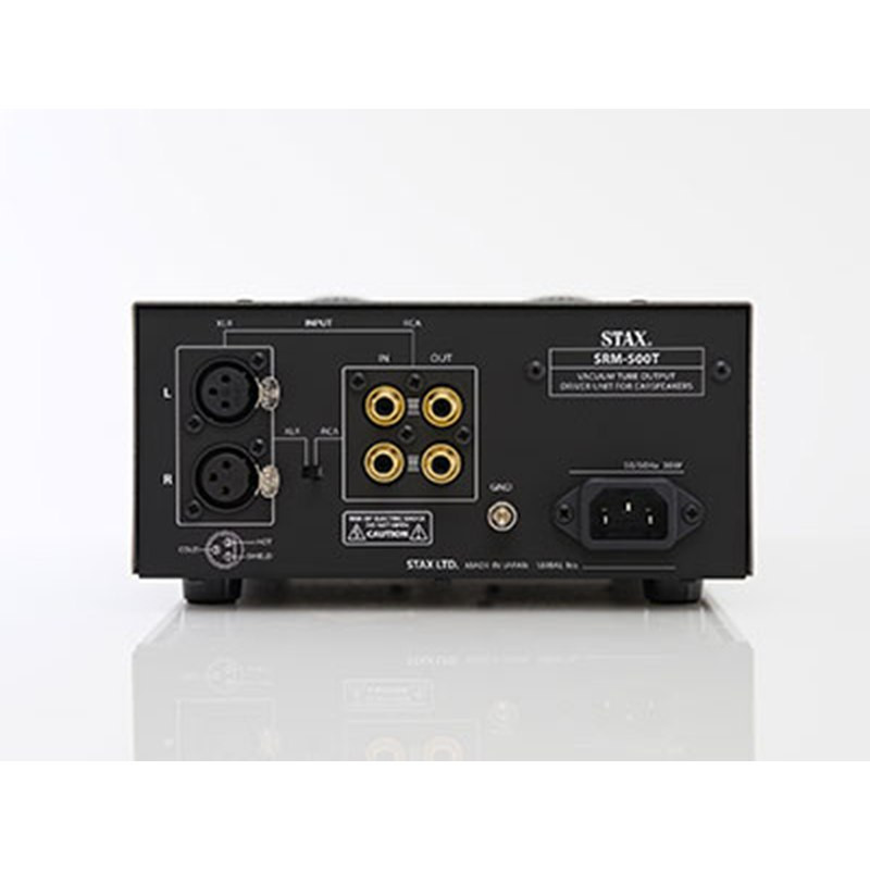 STAX SRM-500T, conexiones traseras: XLR, RCA, salida paralela y toma de tierra