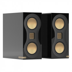 Monitor Audio Studio 89, pareja en 3/4 con y sin rejilla, negro brillante, negro brillante