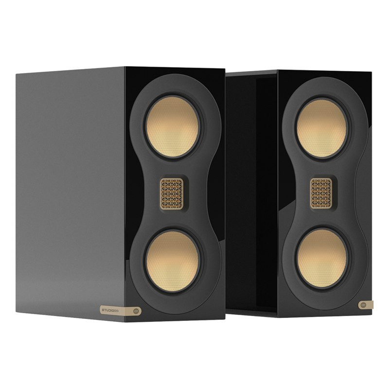 Monitor Audio Studio 89, pareja en 3/4 con y sin rejilla, negro brillante, negro brillante