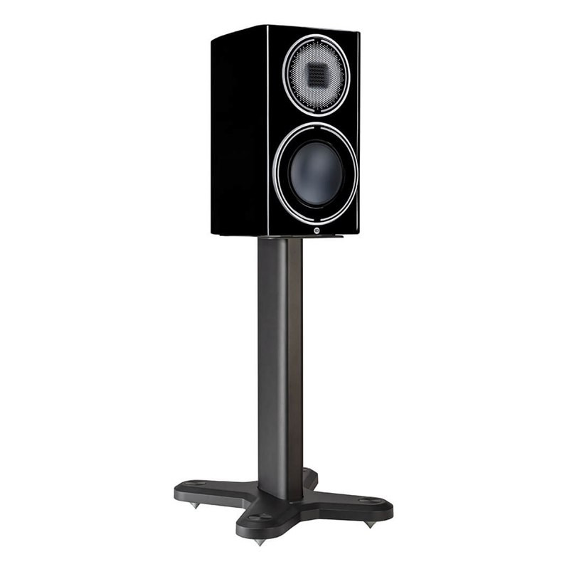 Monitor Audio ST-2, ST-2 en 3/4 con un altavoz Platinum 100 3G encima, negro mate, negro mate