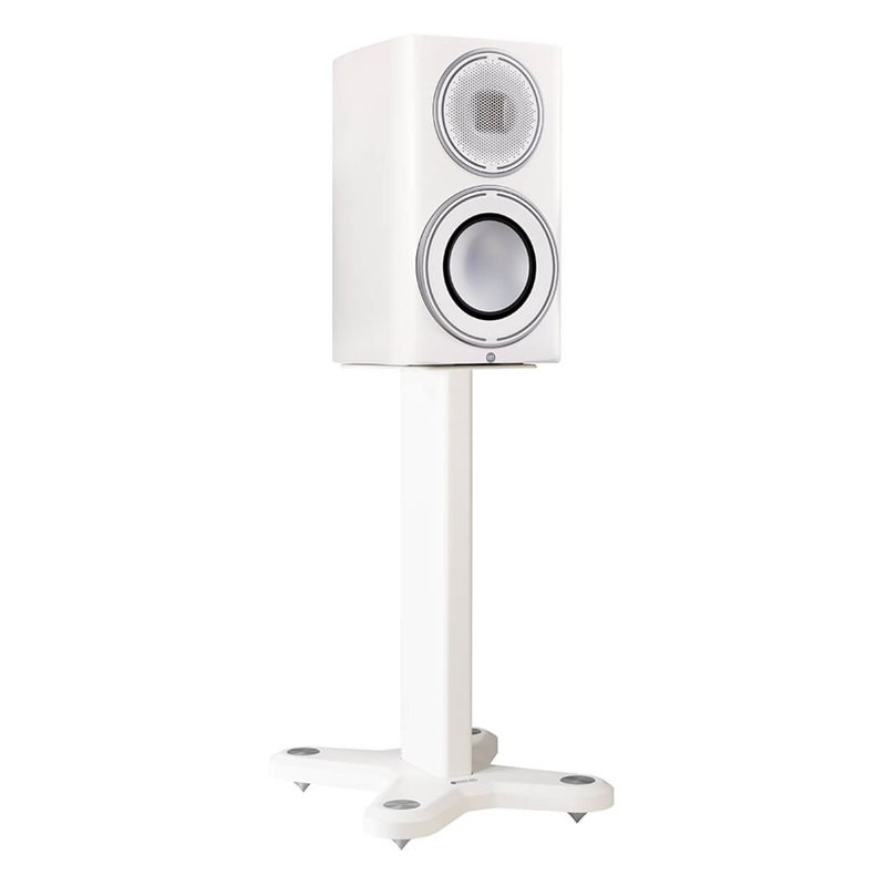 Monitor Audio ST-2, ST-2 en 3/4 con un altavoz Platinum 100 3G encima, blanco mate, blanco mate