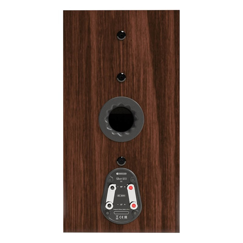 Monitor Audio Silver 100 8G, trasera con puerto y bornes dobles, nogal europeo