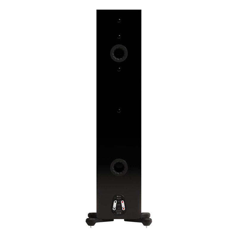 Monitor Audio Silver 500 8G, trasera con dos puertos, bornes dobles y patas con pinchos, negro brillante