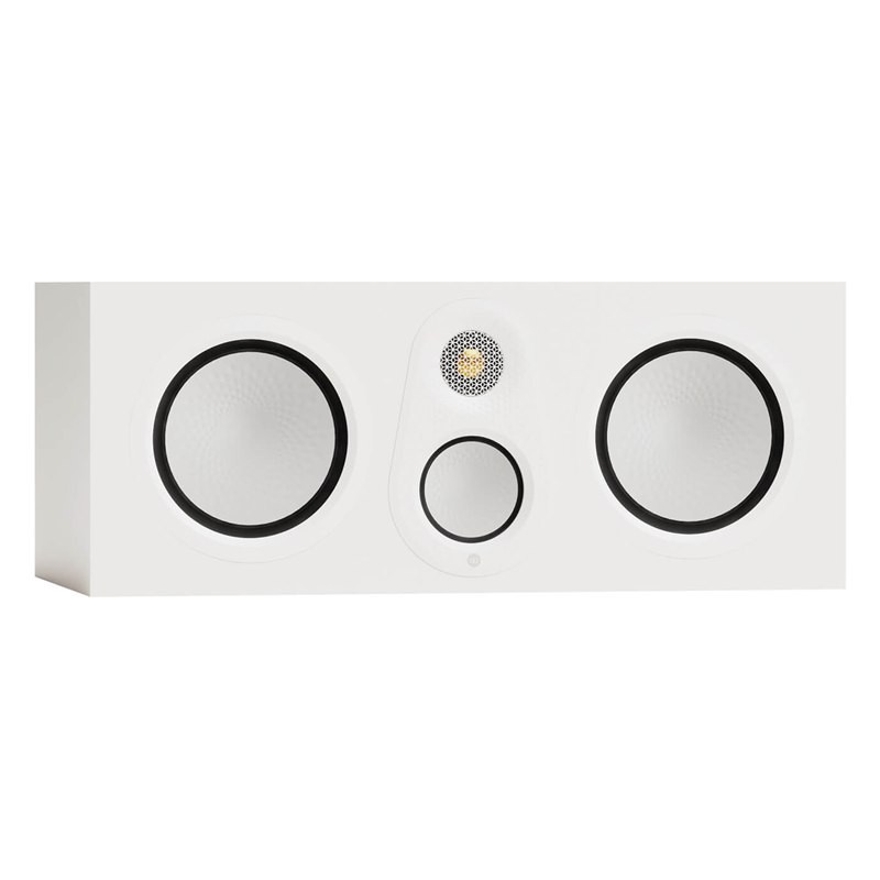 Monitor Audio Silver Centre 8G, vista 3/4 sin rejilla, blanco satinado