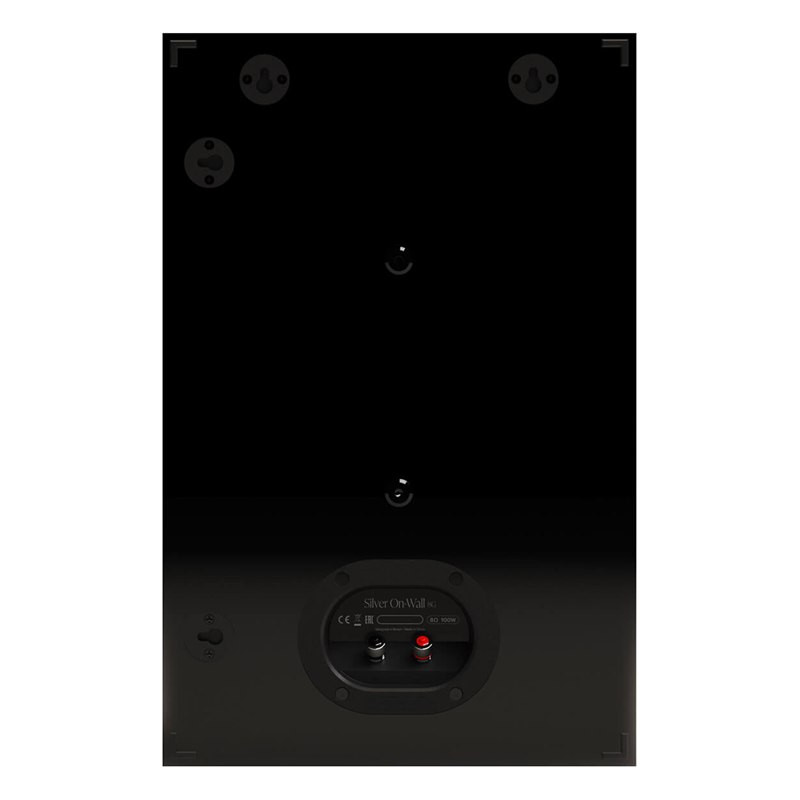 Monitor Audio Silver On-Wall 8G, trasera con ojales de fijación y bornes, negro brillante