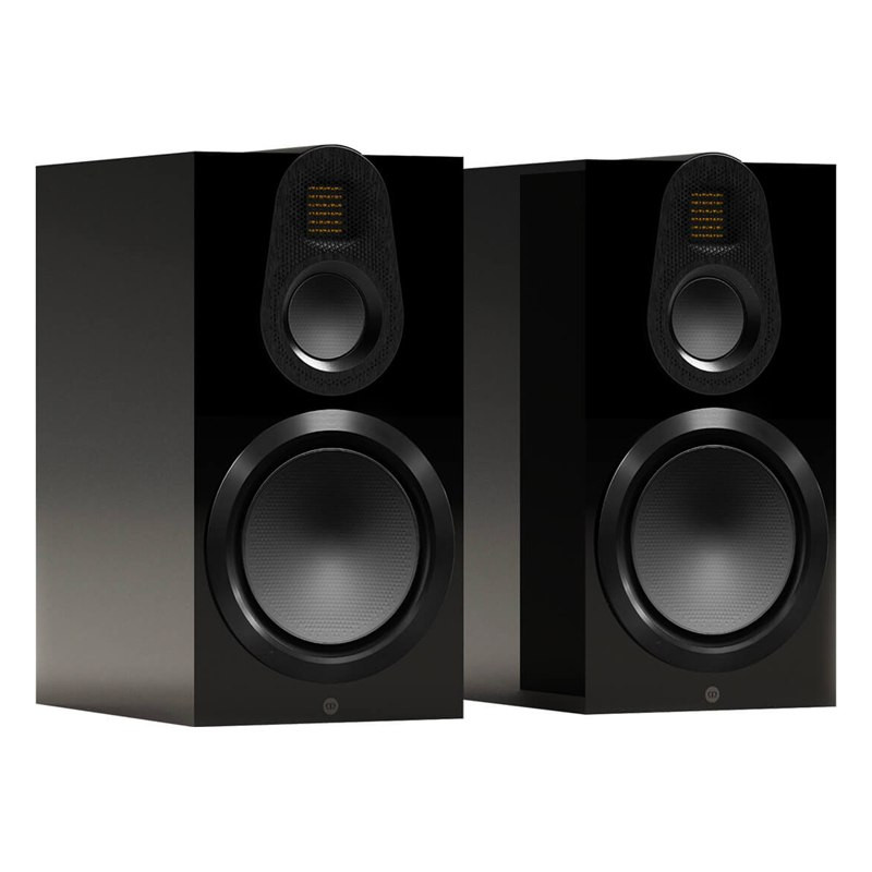 Monitor Audio Gold 100 6G, vista 3/4 sin rejilla, negro brillante