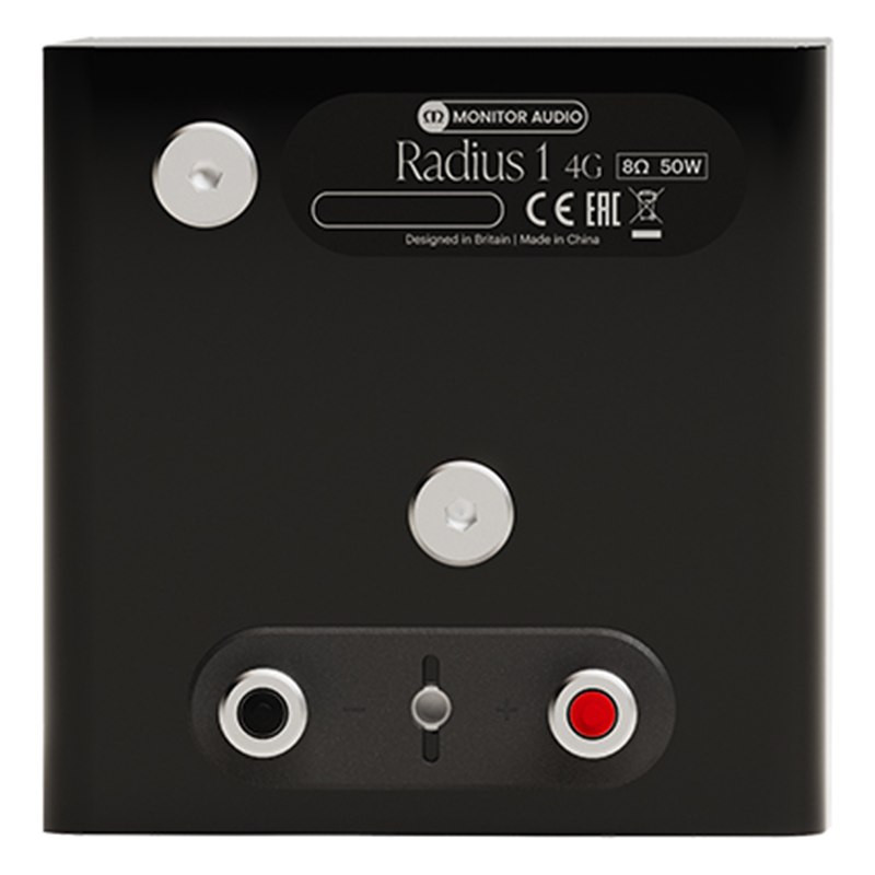 Monitor Audio Radius 1 4G, vista trasera con bornes e inserto de montaje, negro brillante