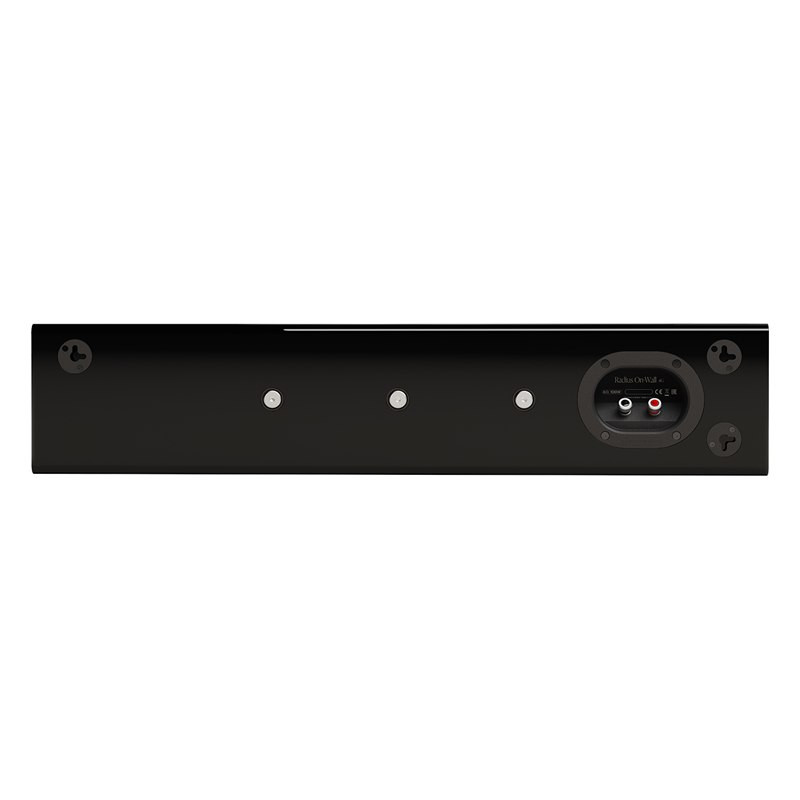Monitor Audio Radius On-Wall 4G, vista trasera con anclajes de bocallave y bornes, negro brillante