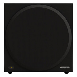 Monitor Audio Vestra W12 con rejilla, vista frontal, negro mate