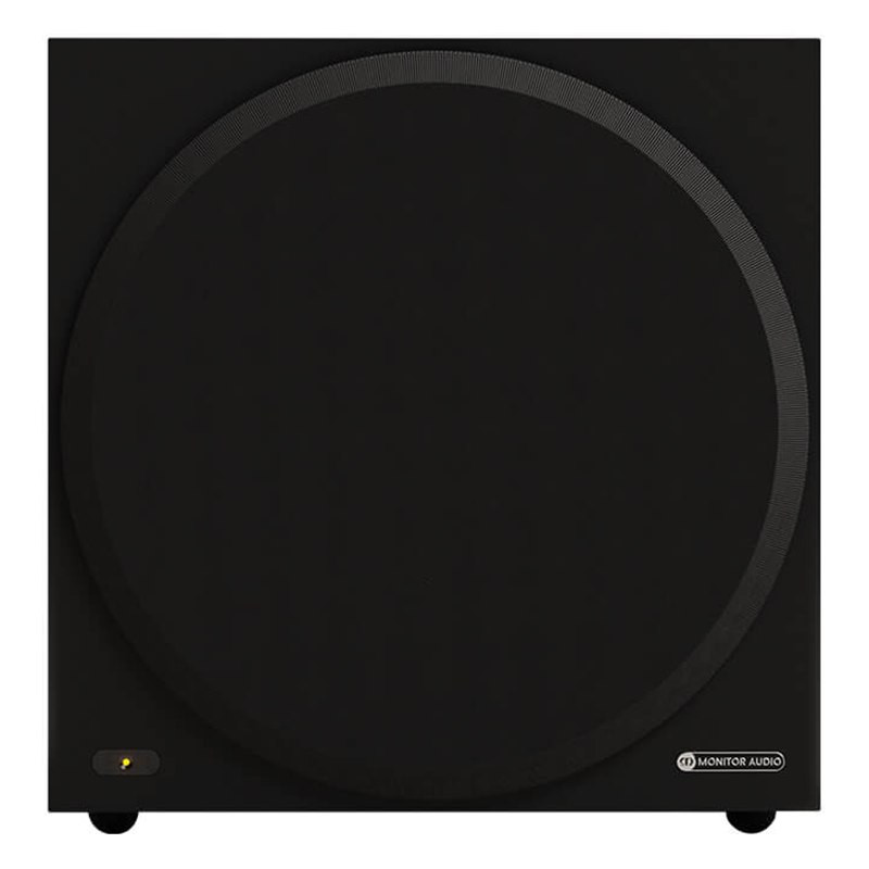 Monitor Audio Vestra W12 con rejilla, vista frontal, negro mate