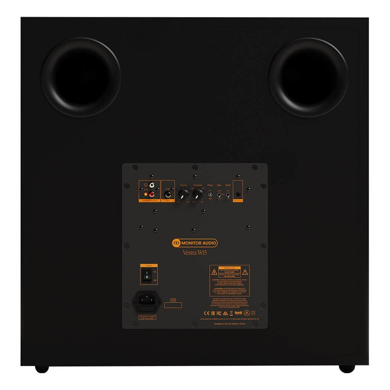 Monitor Audio Vestra W15, panel trasero de conexiones, negro mate