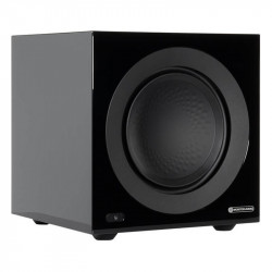 Monitor Audio Anthra W10 sin rejilla, vista en ángulo, negro brillante