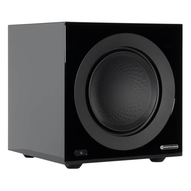 Monitor Audio Anthra W10 sin rejilla, vista en ángulo, negro brillante
