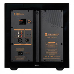 Monitor Audio Anthra W10, panel trasero con pantalla LCD y conexiones, negro brillante